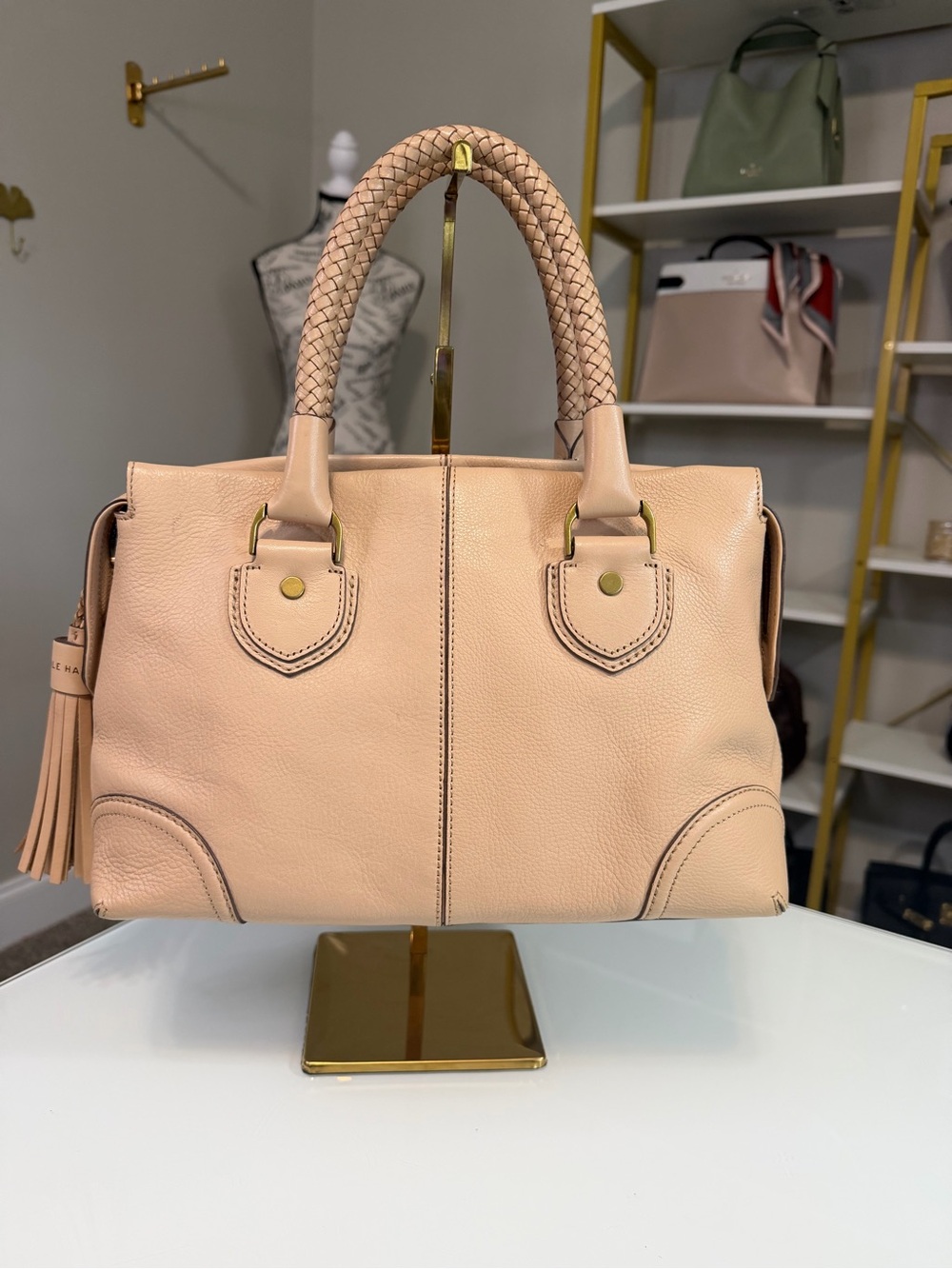 Cole Haan Saddle Satchel Beige Leather with Braided Handles & Tassel